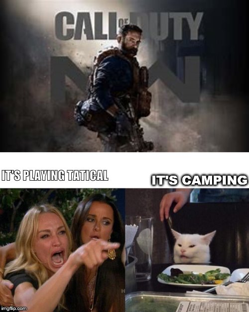 IT'S PLAYING TATICAL; IT'S CAMPING | image tagged in memes,woman yelling at a cat | made w/ Imgflip meme maker