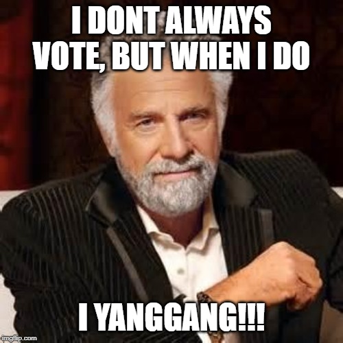 Dos Equis Guy Awesome | I DONT ALWAYS VOTE, BUT WHEN I DO; I YANGGANG!!! | image tagged in dos equis guy awesome | made w/ Imgflip meme maker