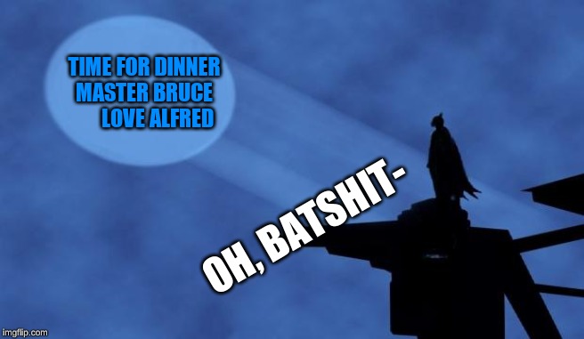 batman signal | TIME FOR DINNER MASTER BRUCE
      LOVE ALFRED; OH, BATSHIT- | image tagged in batman signal | made w/ Imgflip meme maker