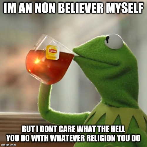 But That's None Of My Business Meme | IM AN NON BELIEVER MYSELF BUT I DONT CARE WHAT THE HELL YOU DO WITH WHATEVER RELIGION YOU DO | image tagged in memes,but thats none of my business,kermit the frog | made w/ Imgflip meme maker