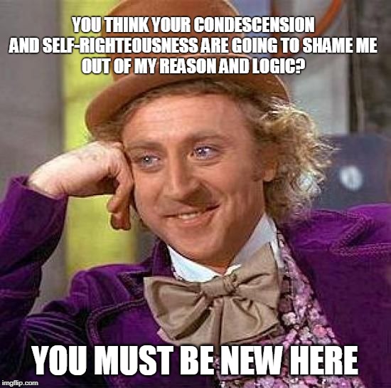 Creepy Condescending Wonka Meme | YOU THINK YOUR CONDESCENSION
AND SELF-RIGHTEOUSNESS ARE GOING TO SHAME ME
OUT OF MY REASON AND LOGIC? YOU MUST BE NEW HERE | image tagged in memes,creepy condescending wonka | made w/ Imgflip meme maker