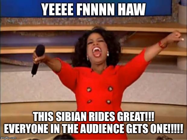 Oprah You Get A Meme | YEEEE FNNNN HAW; THIS SIBIAN RIDES GREAT!!! EVERYONE IN THE AUDIENCE GETS ONE!!!!! | image tagged in memes,oprah you get a | made w/ Imgflip meme maker
