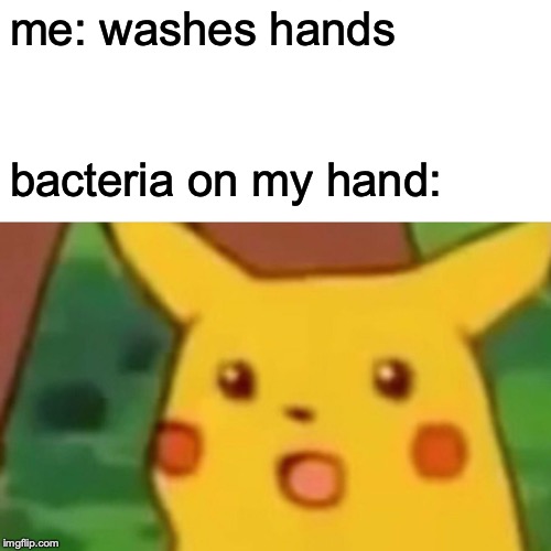 Surprised Pikachu | me: washes hands; bacteria on my hand: | image tagged in memes,surprised pikachu | made w/ Imgflip meme maker