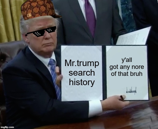 Trump Bill Signing Meme | Mr.trump search history; y'all got any nore of that bruh | image tagged in memes,trump bill signing | made w/ Imgflip meme maker