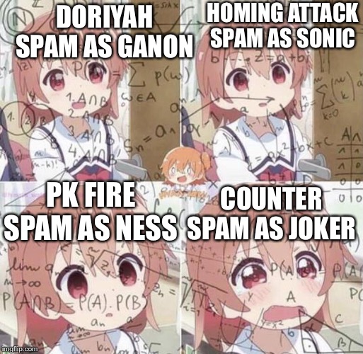 Anime Math Woman | DORIYAH SPAM AS GANON PK FIRE SPAM AS NESS HOMING ATTACK SPAM AS SONIC COUNTER SPAM AS JOKER | image tagged in anime math woman | made w/ Imgflip meme maker