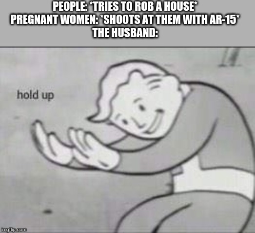 Fallout Hold Up | PEOPLE: *TRIES TO ROB A HOUSE*
PREGNANT WOMEN: *SHOOTS AT THEM WITH AR-15*
THE HUSBAND: | image tagged in fallout hold up | made w/ Imgflip meme maker