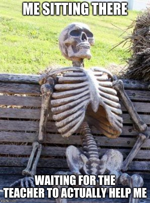 Waiting Skeleton Meme | ME SITTING THERE; WAITING FOR THE TEACHER TO ACTUALLY HELP ME | image tagged in memes,waiting skeleton | made w/ Imgflip meme maker