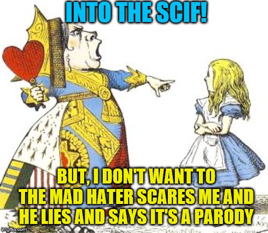Alice | INTO THE SCIF! BUT, I DON'T WANT TO
THE MAD HATER SCARES ME AND HE LIES AND SAYS IT'S A PARODY | image tagged in alice,memes,funny memes,politics | made w/ Imgflip meme maker