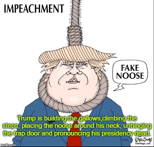 How narcissists Do It. |  Trump is building the gallows,climbing the steps, placing the noose around his neck, unhinging the trap door and pronouncing his presidency dead. | image tagged in self,impeachment | made w/ Imgflip meme maker