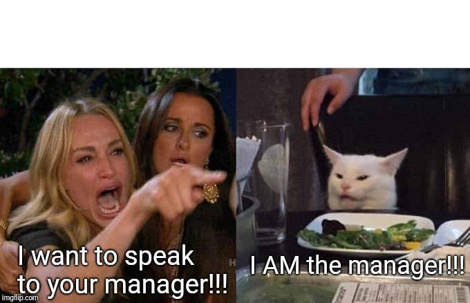 Woman Yelling At Cat Meme | I AM the manager!!! I want to speak to your manager!!! | image tagged in memes,woman yelling at a cat | made w/ Imgflip meme maker