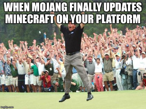 Golf celebration | WHEN MOJANG FINALLY UPDATES MINECRAFT ON YOUR PLATFORM | image tagged in golf celebration | made w/ Imgflip meme maker