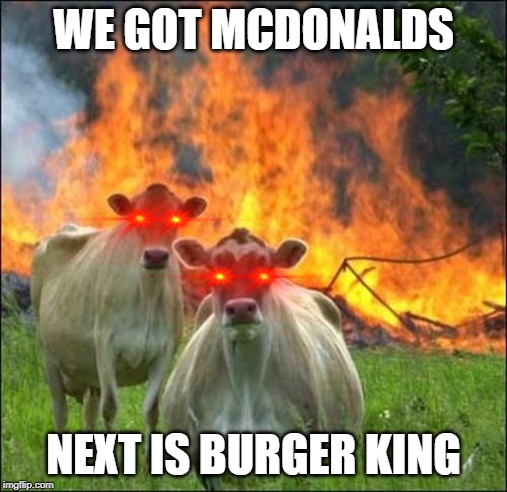 Evil Cows | WE GOT MCDONALDS; NEXT IS BURGER KING | image tagged in memes,evil cows | made w/ Imgflip meme maker
