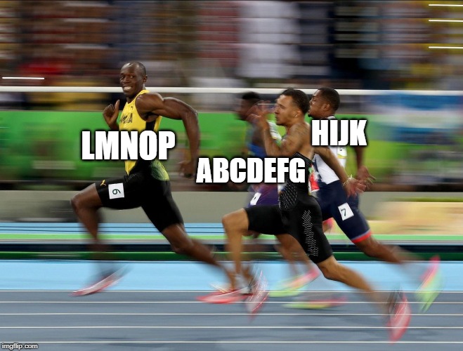 Usain Bolt running | HIJK; LMNOP; ABCDEFG | image tagged in usain bolt running | made w/ Imgflip meme maker