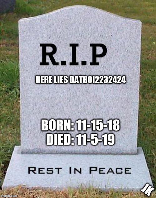 RIP headstone | HERE LIES DATBOI2232424; BORN: 11-15-18 DIED: 11-5-19; JK | image tagged in rip headstone | made w/ Imgflip meme maker