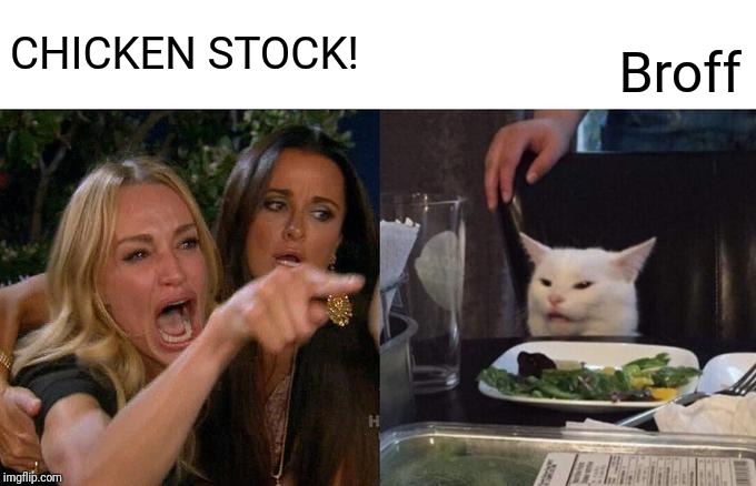 Woman Yelling At Cat | CHICKEN STOCK! Broff | image tagged in memes,woman yelling at a cat | made w/ Imgflip meme maker