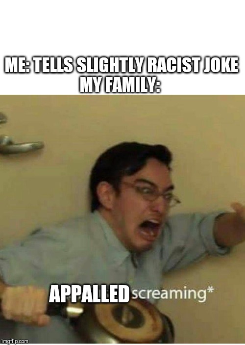 confused screaming | ME: TELLS SLIGHTLY RACIST JOKE
MY FAMILY:; APPALLED | image tagged in confused screaming | made w/ Imgflip meme maker