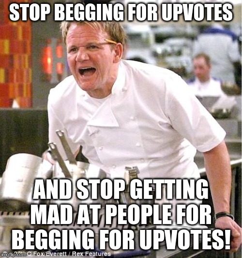 Stop begging, and stop hating | STOP BEGGING FOR UPVOTES; AND STOP GETTING MAD AT PEOPLE FOR BEGGING FOR UPVOTES! | image tagged in memes,chef gordon ramsay,upvote,upvotes,imgflip users,stop it | made w/ Imgflip meme maker