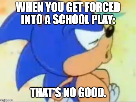 sonic that's no good | WHEN YOU GET FORCED INTO A SCHOOL PLAY:; THAT'S NO GOOD. | image tagged in sonic that's no good | made w/ Imgflip meme maker