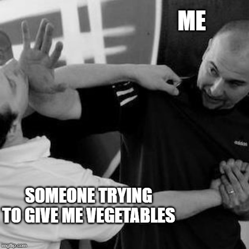 ME; SOMEONE TRYING TO GIVE ME VEGETABLES | image tagged in vegetables,vegetarian,self defense,vegetable,fighting,fight | made w/ Imgflip meme maker