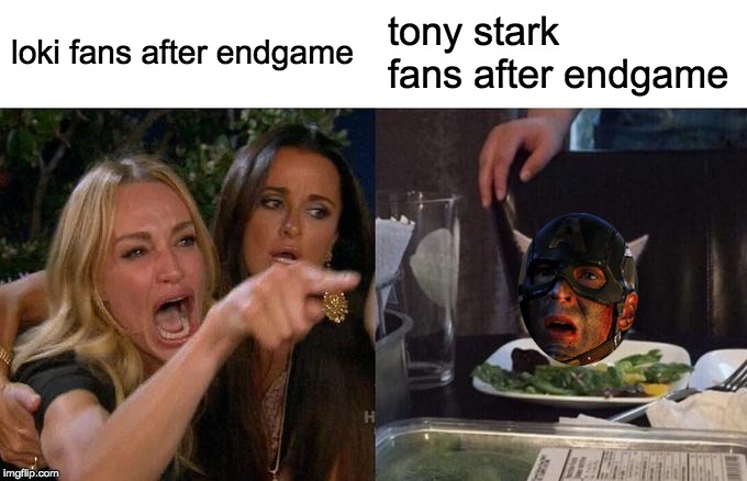 you get killed, walk it off. |  loki fans after endgame; tony stark fans after endgame | image tagged in memes,woman yelling at a cat,avengers endgame,captain america | made w/ Imgflip meme maker