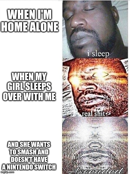 I sleep meme with ascended template | WHEN I'M HOME ALONE; WHEN MY GIRL SLEEPS OVER WITH ME; AND SHE WANTS TO SMASH AND DOESN'T HAVE A NINTENDO SWITCH | image tagged in i sleep meme with ascended template | made w/ Imgflip meme maker