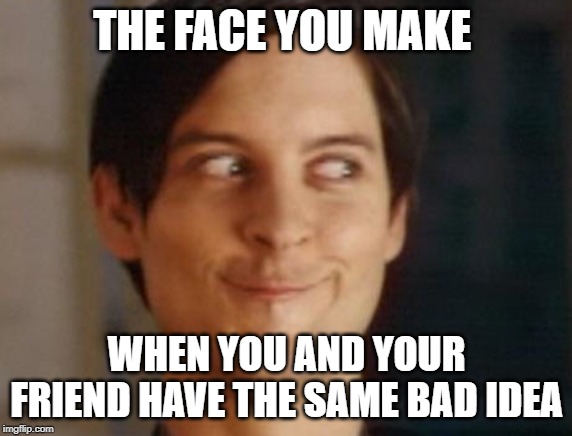 Spiderman Peter Parker | THE FACE YOU MAKE; WHEN YOU AND YOUR FRIEND HAVE THE SAME BAD IDEA | image tagged in memes,spiderman peter parker | made w/ Imgflip meme maker