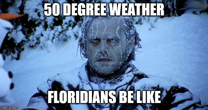 Freezing cold |  50 DEGREE WEATHER; FLORIDIANS BE LIKE | image tagged in freezing cold | made w/ Imgflip meme maker