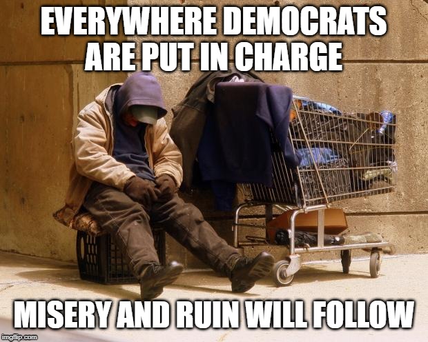 Homeless | EVERYWHERE DEMOCRATS
ARE PUT IN CHARGE; MISERY AND RUIN WILL FOLLOW | image tagged in homeless | made w/ Imgflip meme maker