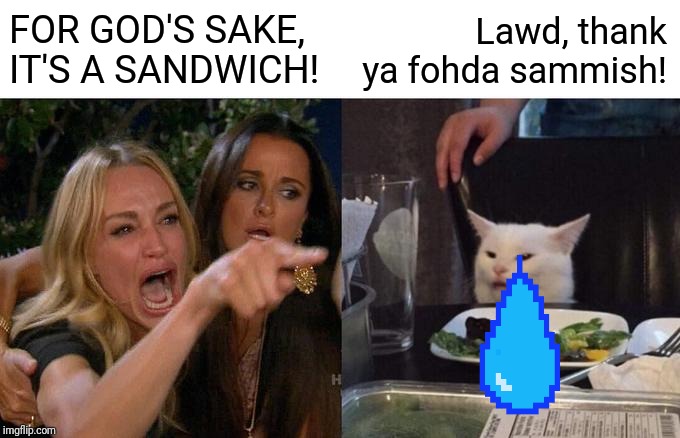 Woman Yelling At Cat | FOR GOD'S SAKE, IT'S A SANDWICH! Lawd, thank ya fohda sammish! | image tagged in memes,woman yelling at a cat | made w/ Imgflip meme maker