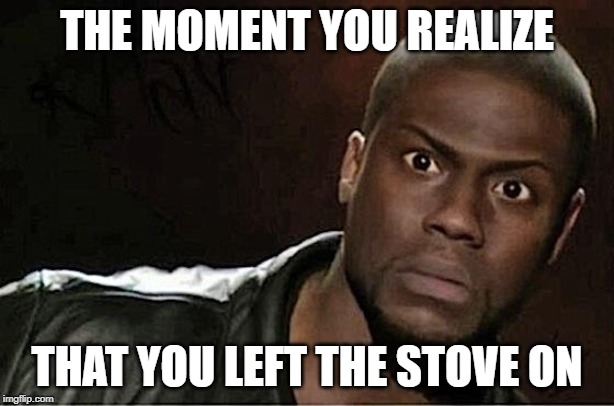 Kevin Hart Meme | THE MOMENT YOU REALIZE; THAT YOU LEFT THE STOVE ON | image tagged in memes,kevin hart | made w/ Imgflip meme maker