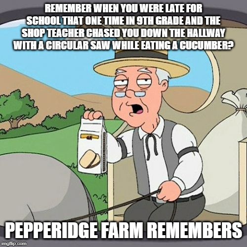 Pepperidge Farm Remembers Meme | REMEMBER WHEN YOU WERE LATE FOR SCHOOL THAT ONE TIME IN 9TH GRADE AND THE SHOP TEACHER CHASED YOU DOWN THE HALLWAY WITH A CIRCULAR SAW WHILE EATING A CUCUMBER? PEPPERIDGE FARM REMEMBERS | image tagged in memes,pepperidge farm remembers | made w/ Imgflip meme maker