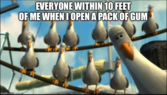 Nemo Seagulls Mine | EVERYONE WITHIN 10 FEET OF ME WHEN I OPEN A PACK OF GUM | image tagged in nemo seagulls mine | made w/ Imgflip meme maker
