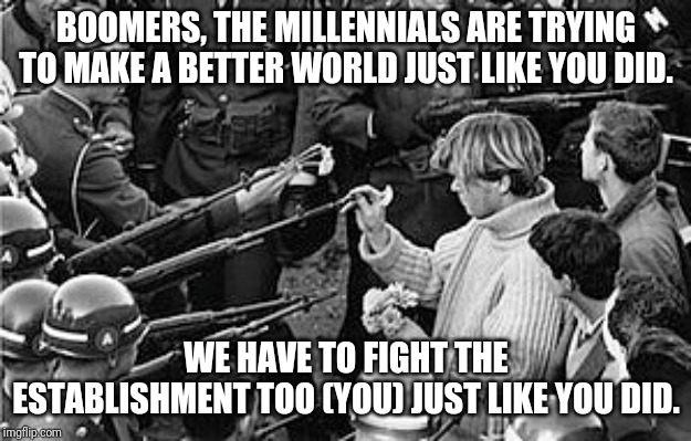 BOOMERS, THE MILLENNIALS ARE TRYING TO MAKE A BETTER WORLD JUST LIKE YOU DID. WE HAVE TO FIGHT THE ESTABLISHMENT TOO (YOU) JUST LIKE YOU DID. | image tagged in boomer,millennials | made w/ Imgflip meme maker