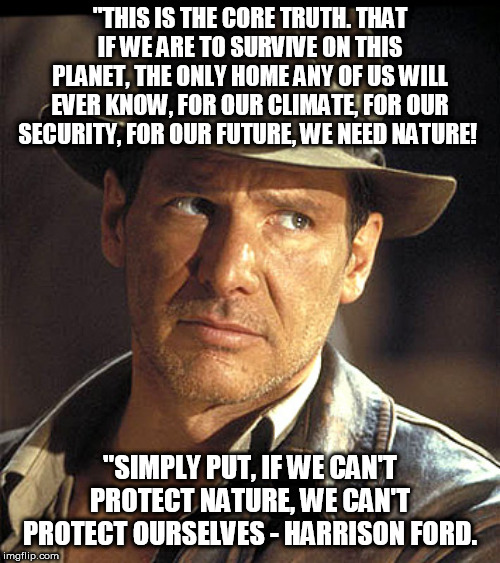 Indiana jones | "THIS IS THE CORE TRUTH. THAT IF WE ARE TO SURVIVE ON THIS PLANET, THE ONLY HOME ANY OF US WILL EVER KNOW, FOR OUR CLIMATE, FOR OUR SECURITY, FOR OUR FUTURE, WE NEED NATURE! "SIMPLY PUT, IF WE CAN'T PROTECT NATURE, WE CAN'T PROTECT OURSELVES - HARRISON FORD. | image tagged in indiana jones | made w/ Imgflip meme maker