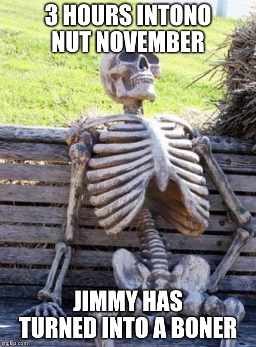 Waiting Skeleton Meme | 3 HOURS INTONO NUT NOVEMBER; JIMMY HAS TURNED INTO A BONER | image tagged in memes,waiting skeleton | made w/ Imgflip meme maker