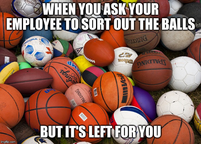 sports balls | WHEN YOU ASK YOUR EMPLOYEE TO SORT OUT THE BALLS; BUT IT'S LEFT FOR YOU | image tagged in sports balls | made w/ Imgflip meme maker
