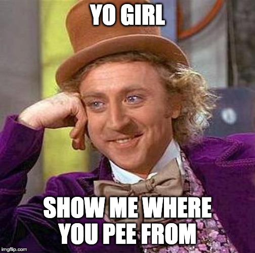 Creepy Condescending Wonka | YO GIRL; SHOW ME WHERE YOU PEE FROM | image tagged in memes,creepy condescending wonka | made w/ Imgflip meme maker