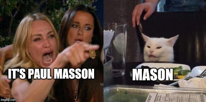 Woman Screaming at Cat | MASON; IT'S PAUL MASSON | image tagged in woman screaming at cat | made w/ Imgflip meme maker