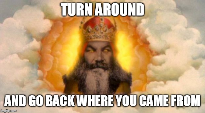 monty python god | TURN AROUND AND GO BACK WHERE YOU CAME FROM | image tagged in monty python god | made w/ Imgflip meme maker