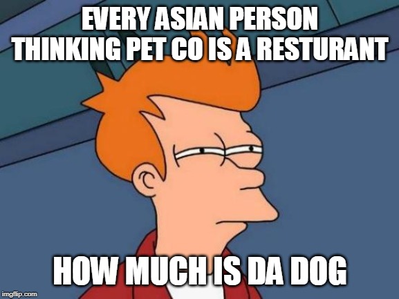 Futurama Fry | EVERY ASIAN PERSON THINKING PET CO IS A RESTURANT; HOW MUCH IS DA DOG | image tagged in memes,futurama fry | made w/ Imgflip meme maker