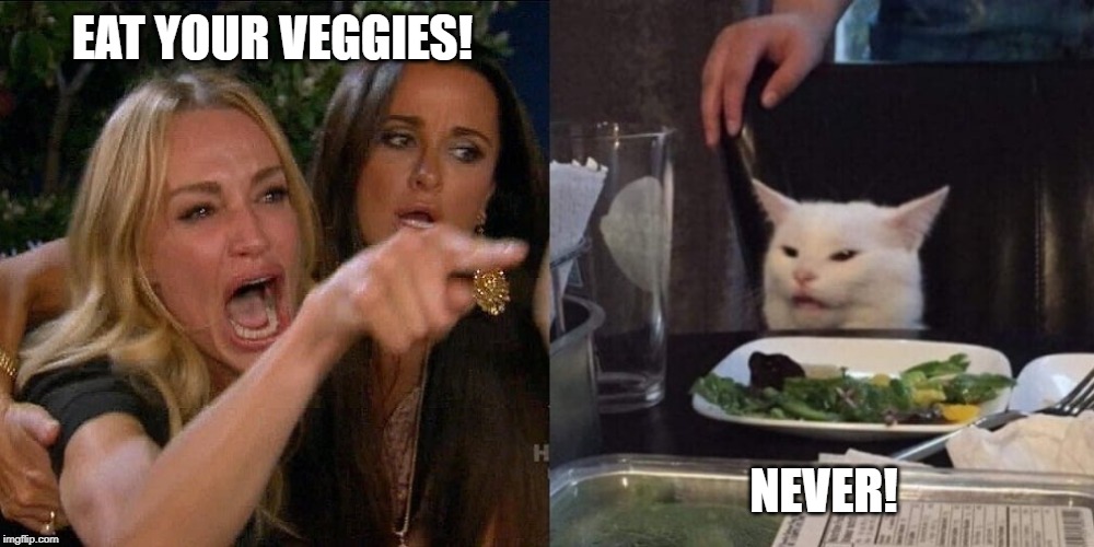 Cat a dinner table | EAT YOUR VEGGIES! NEVER! | image tagged in cat a dinner table | made w/ Imgflip meme maker