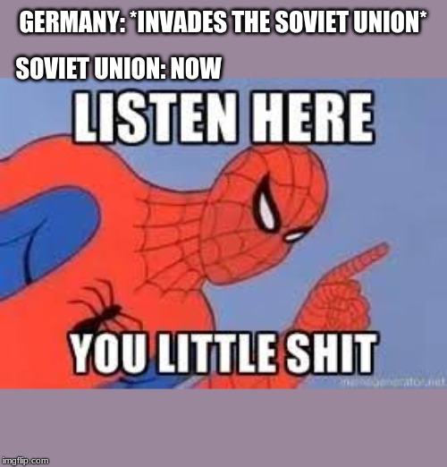NOW LISTEN HERE YOU LITTLE SHIT | GERMANY: *INVADES THE SOVIET UNION*; SOVIET UNION: NOW | image tagged in now listen here you little shit | made w/ Imgflip meme maker
