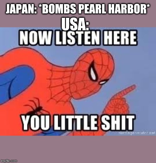 Now listen you little shit |  JAPAN: *BOMBS PEARL HARBOR*; USA: | image tagged in now listen you little shit | made w/ Imgflip meme maker