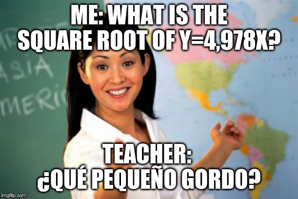 Unhelpful High School Teacher Meme | ME: WHAT IS THE SQUARE ROOT OF Y=4,978X? TEACHER: 
¿QUÉ PEQUEÑO GORDO? | image tagged in memes,unhelpful high school teacher | made w/ Imgflip meme maker