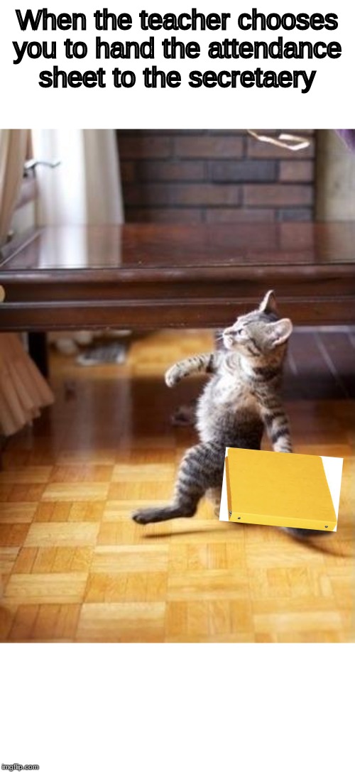 Cool Cat Stroll | When the teacher chooses you to hand the attendance sheet to the secretaery | image tagged in memes,cool cat stroll | made w/ Imgflip meme maker