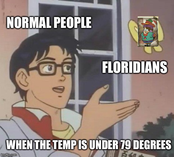 Is This A Pigeon Meme | NORMAL PEOPLE; FLORIDIANS; WHEN THE TEMP IS UNDER 79 DEGREES | image tagged in memes,is this a pigeon | made w/ Imgflip meme maker