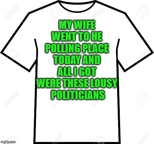 Polling place |  MY WIFE WENT TO HE POLLING PLACE TODAY AND ALL I GOT WERE THESE LOUSY
 POLITICIANS | image tagged in voting,politicians,government corruption,voting booth | made w/ Imgflip meme maker