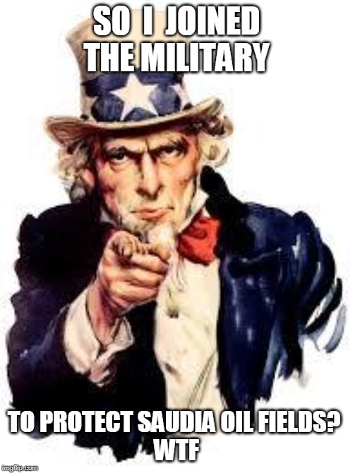 We Want you | SO  I  JOINED THE MILITARY; TO PROTECT SAUDIA OIL FIELDS? 
WTF | image tagged in we want you | made w/ Imgflip meme maker