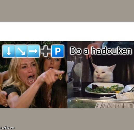 Woman Yelling At Cat Meme | ⬇️↘️➡️➕🅿️; Do a hadouken | image tagged in memes,woman yelling at a cat | made w/ Imgflip meme maker