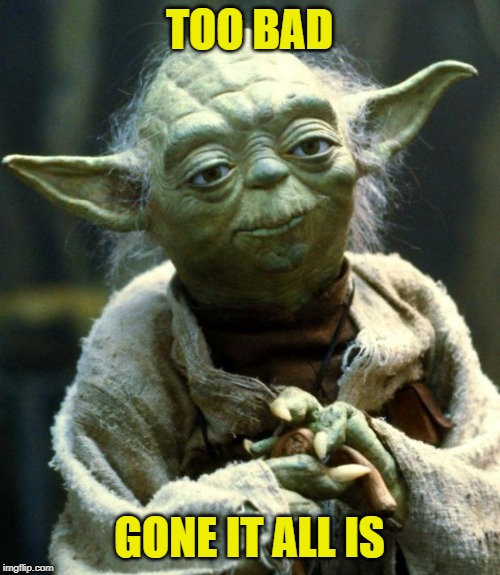 Star Wars Yoda Meme | TOO BAD GONE IT ALL IS | image tagged in memes,star wars yoda | made w/ Imgflip meme maker